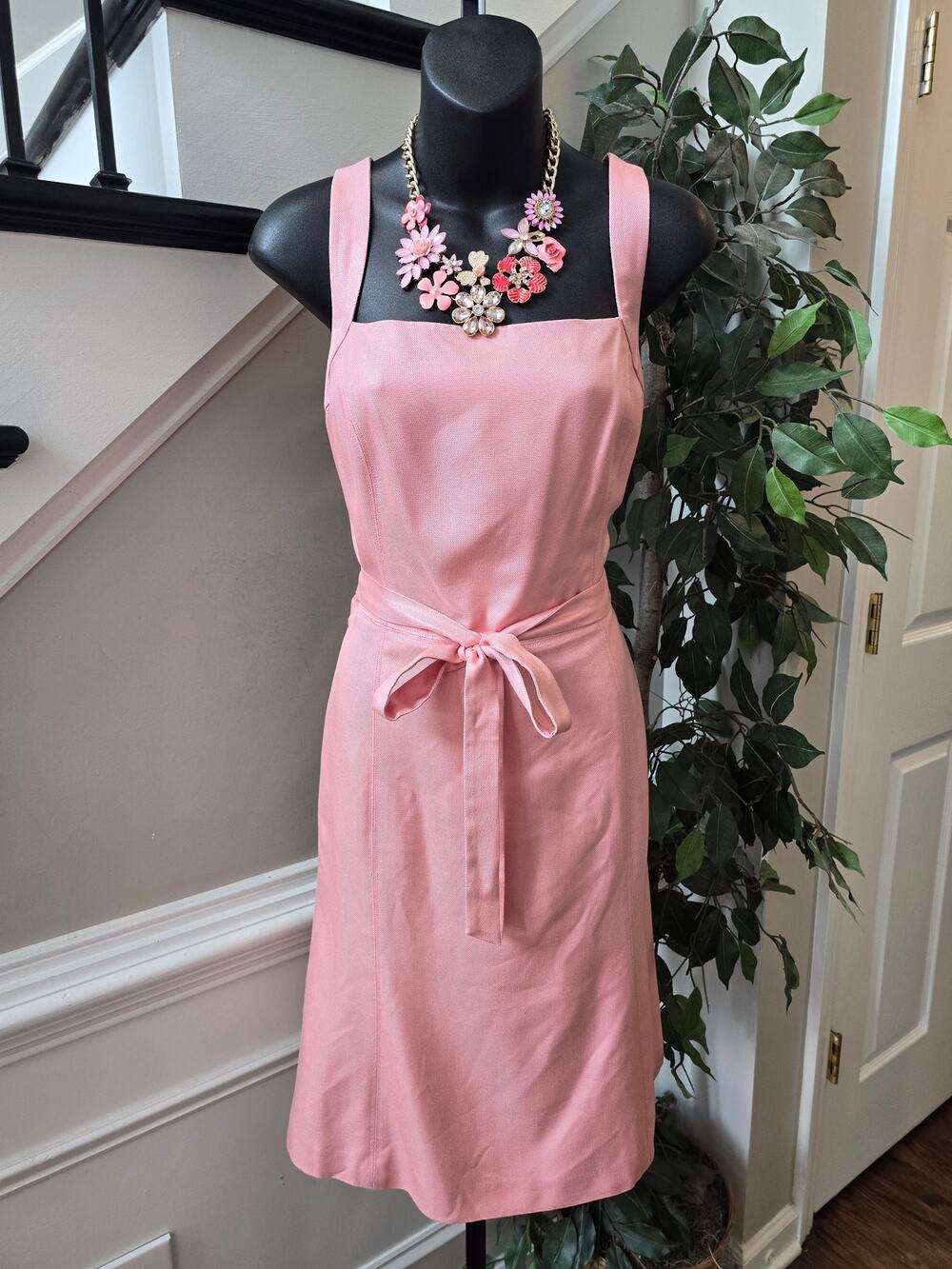Ann Taylor Sheath Dress Women's Size 8 Pink Tie Waist Square Neck Back Zipper